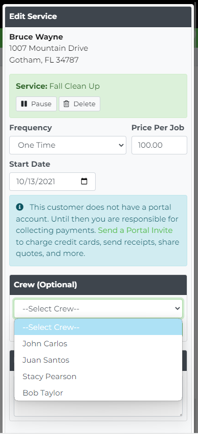 Lawnager Pro Assigning a crew at the service level