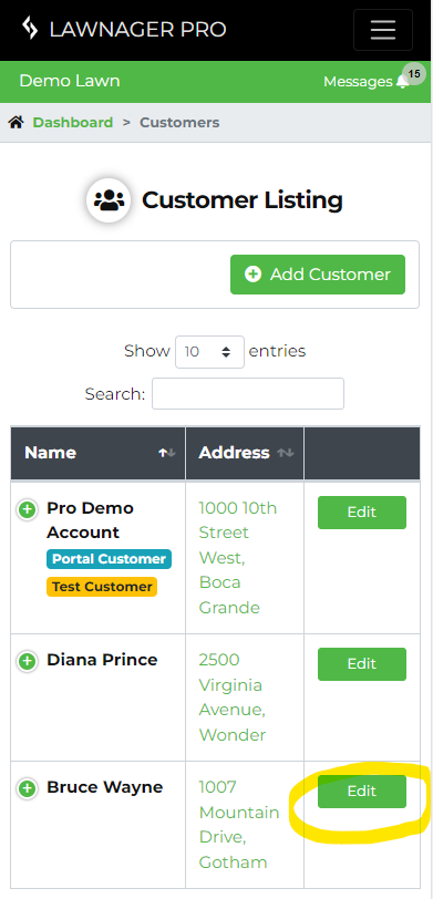 Lawnager Pro Customer Listing