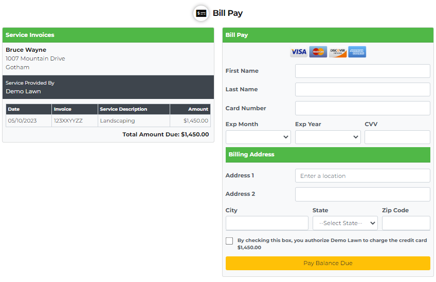 Lawnager Home - Bill Pay - pay outstanding invoice